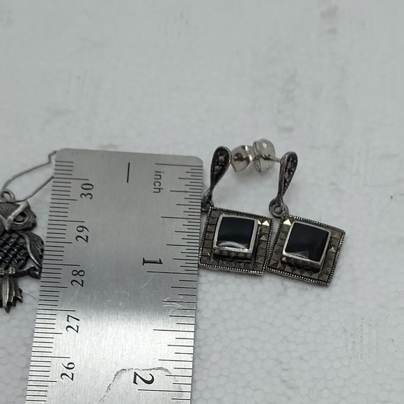 Pewter Owl Studs marked .925 & Square Marcasite Onyx Drop LOT of two - Picture 6 of 11